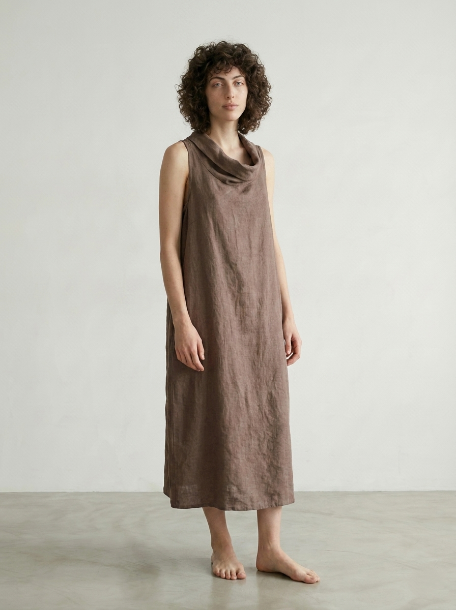 SLEEVELESS HIGH-NECK LINEN DRESS