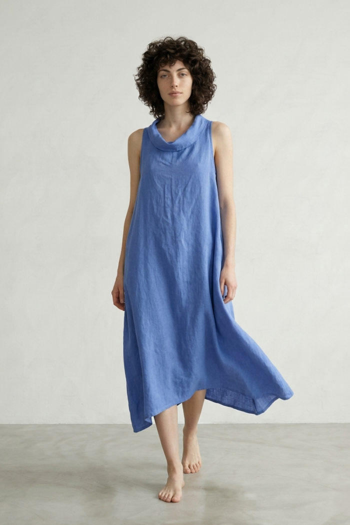SLEEVELESS HIGH-NECK LINEN DRESS - COBALT, ONE SIZE