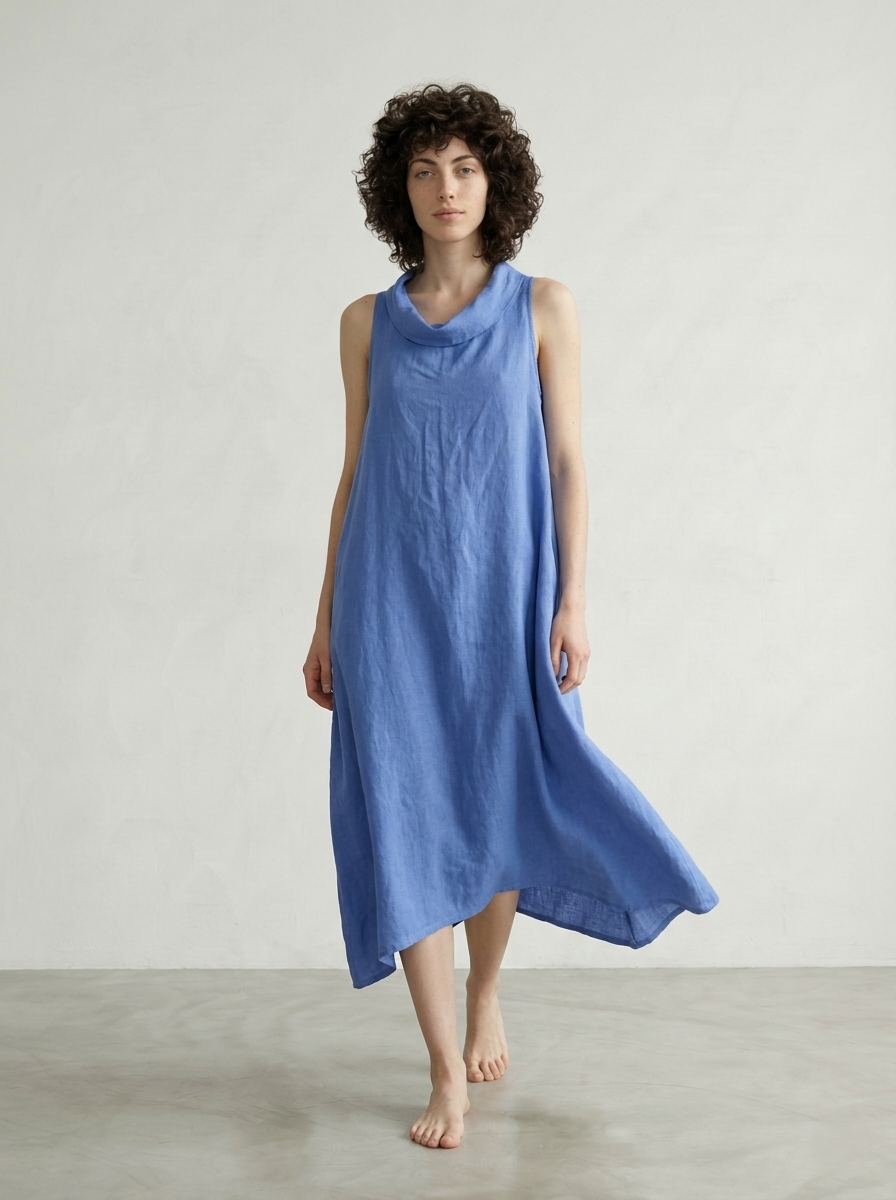 SLEEVELESS HIGH-NECK LINEN DRESS