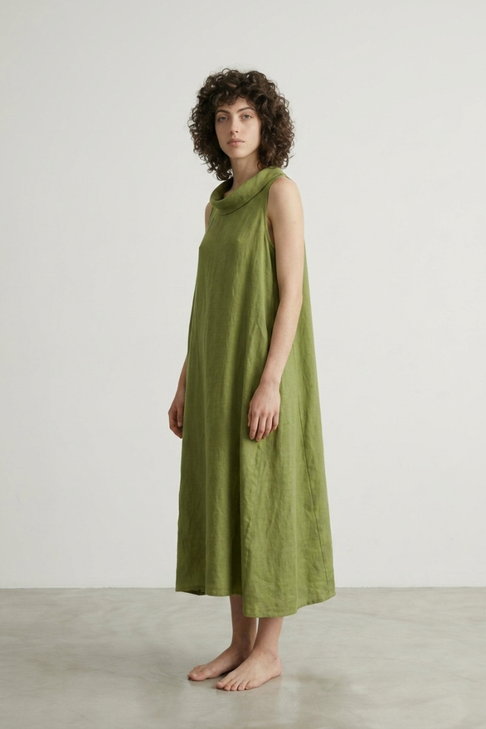 SLEEVELESS HIGH-NECK LINEN DRESS - LIME, ONE SIZE