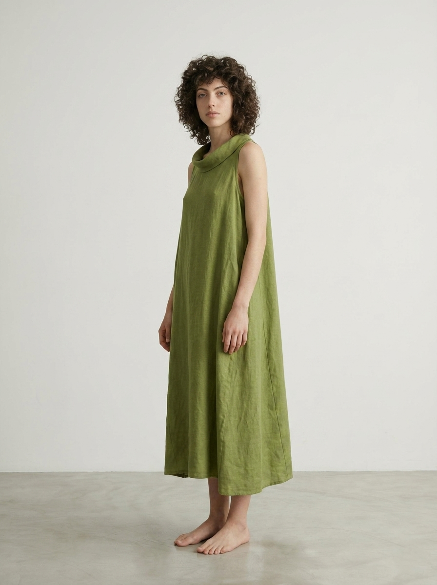 SLEEVELESS HIGH-NECK LINEN DRESS