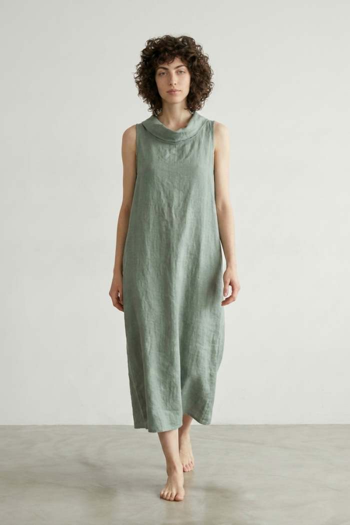 SLEEVELESS HIGH-NECK LINEN DRESS - EMERALD, ONE SIZE