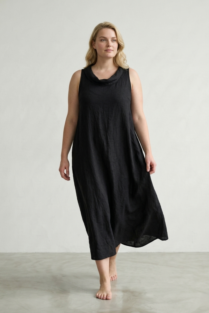 SLEEVELESS HIGH-NECK LINEN DRESS - BLACK, ONE SIZE
