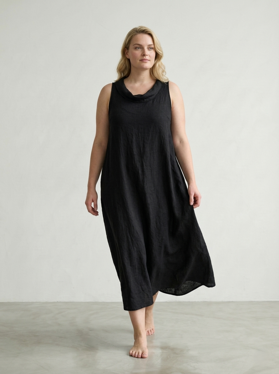 SLEEVELESS HIGH-NECK LINEN DRESS