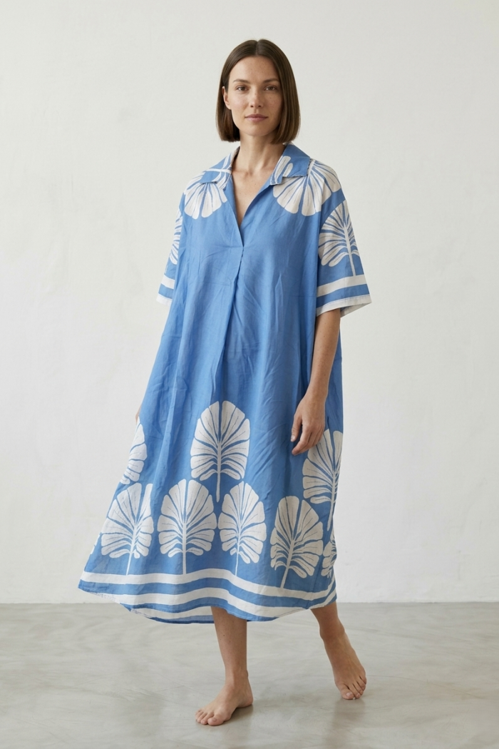 SHORT SLEEVE PRINTED COTTON DRESS - COBALT, ONE SIZE
