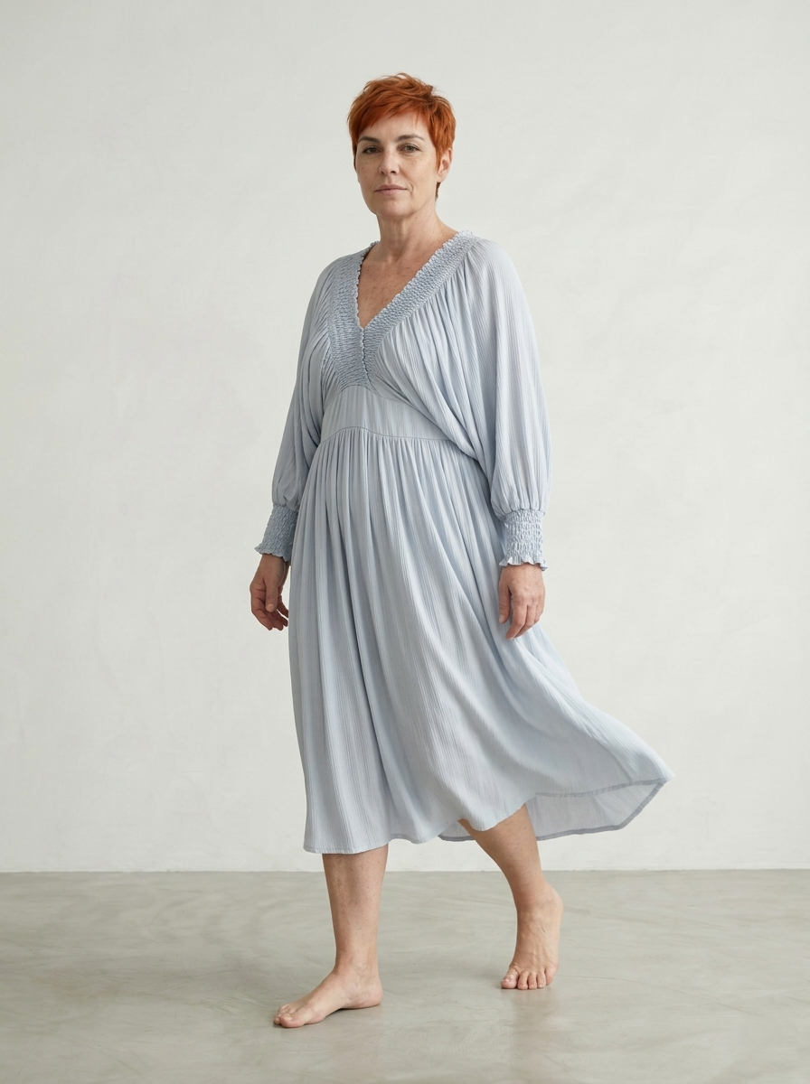 SMOCKED V-NECK VISCOSE DRESS