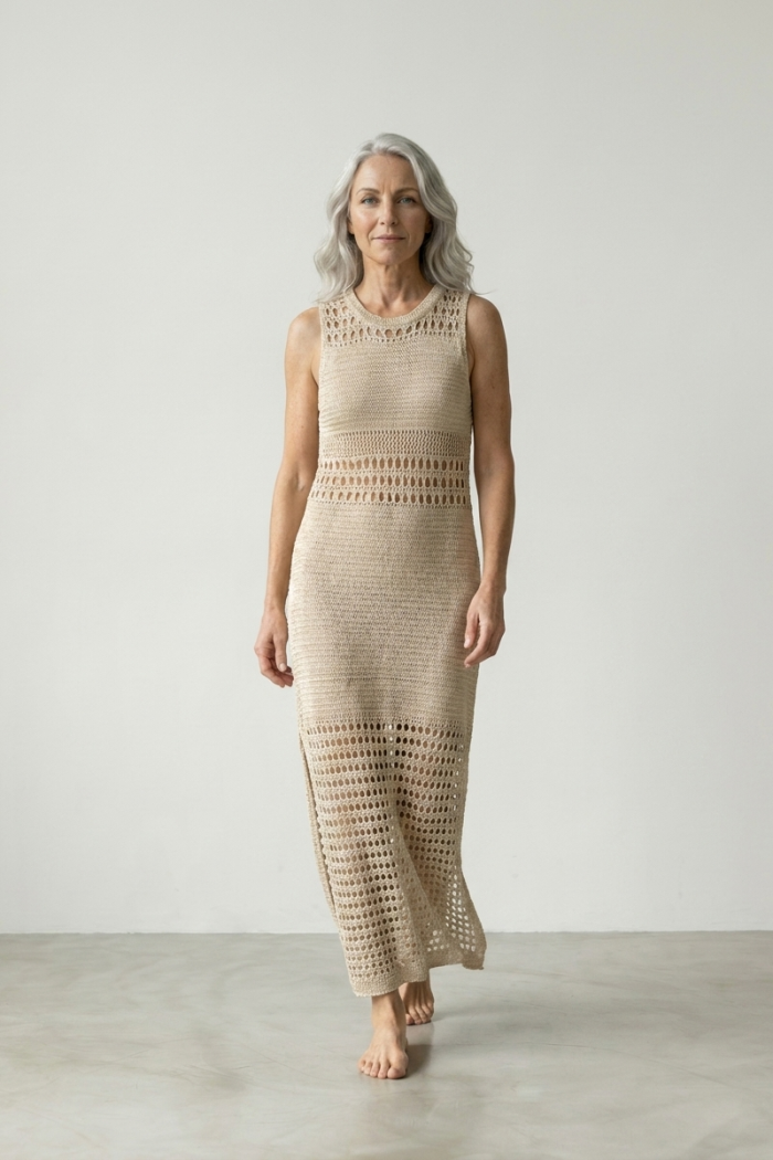 SLEEVELESS KNITTED GLITTER DRESS - BEIGE, ONE SIZE