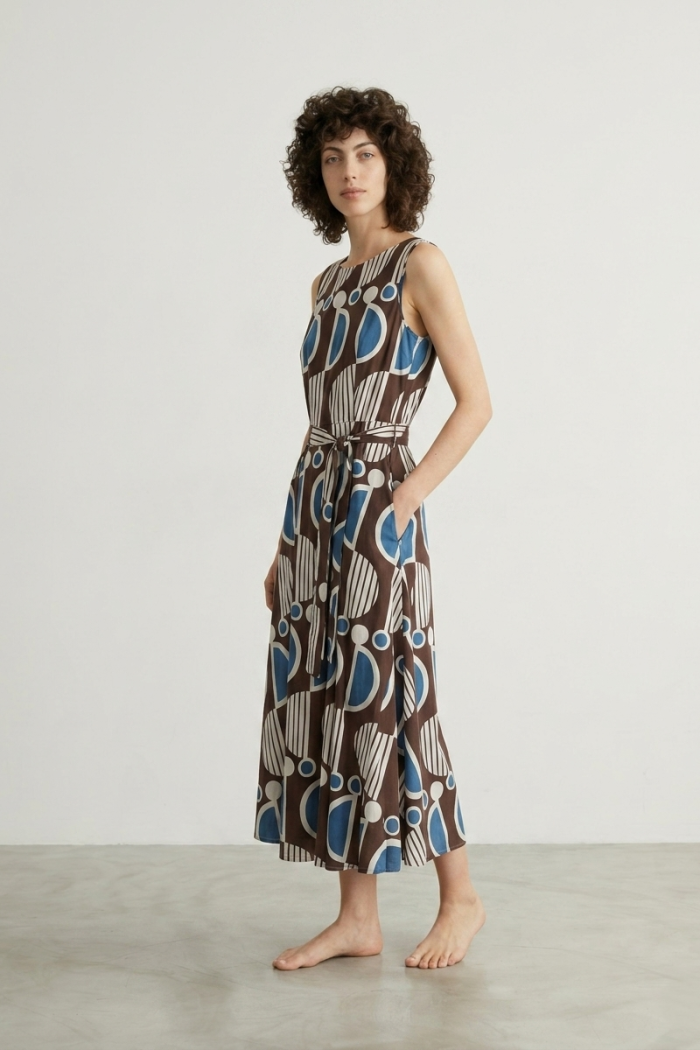 SLEEVELESS PRINTED COTTON DRESS - TERRACOTTA, S