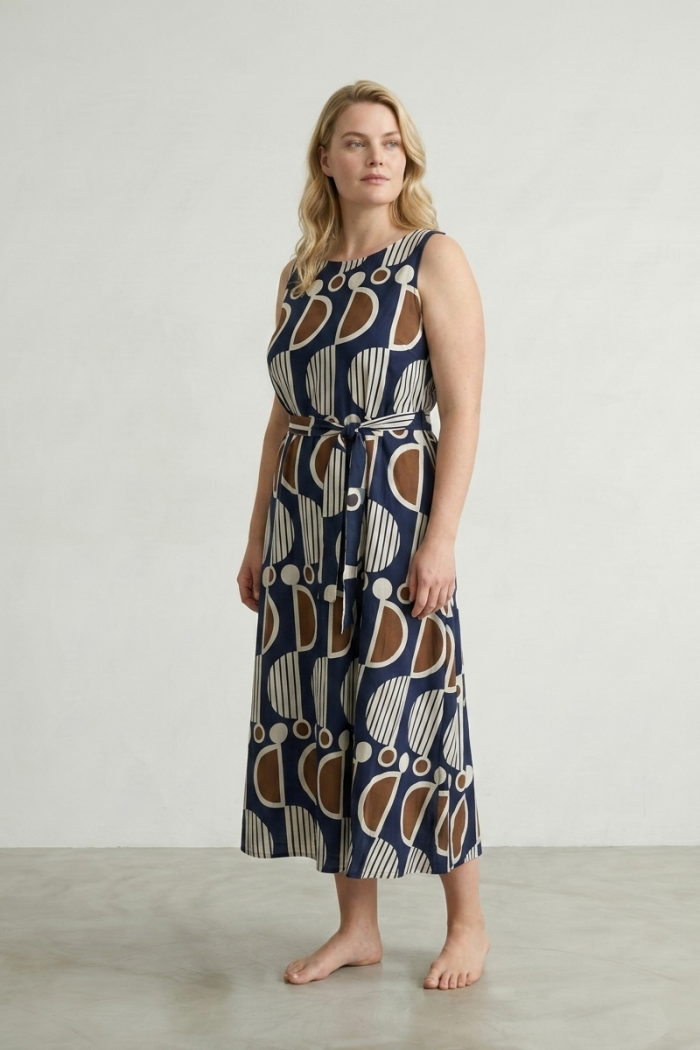 SLEEVELESS PRINTED COTTON DRESS - NAVY, S