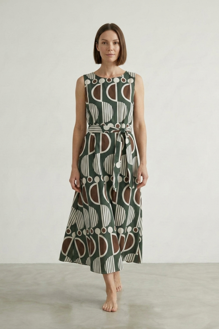 SLEEVELESS PRINTED COTTON DRESS - KHAKI, S