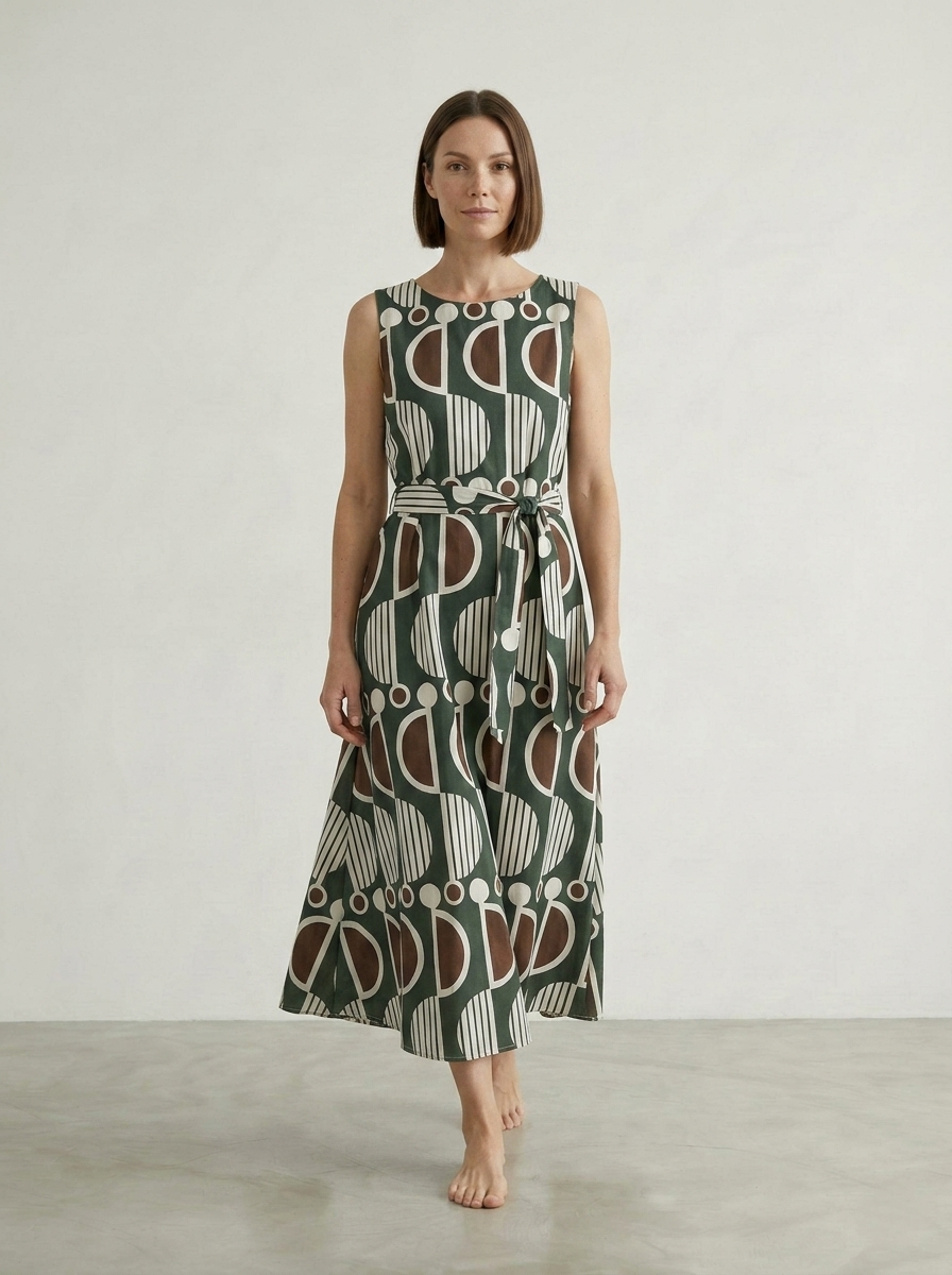 SLEEVELESS PRINTED COTTON DRESS