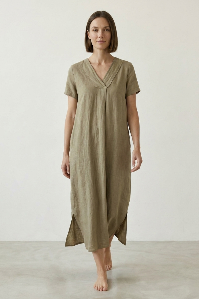 DEEP V-NECK LINEN DRESS - CAMEL, ONE SIZE