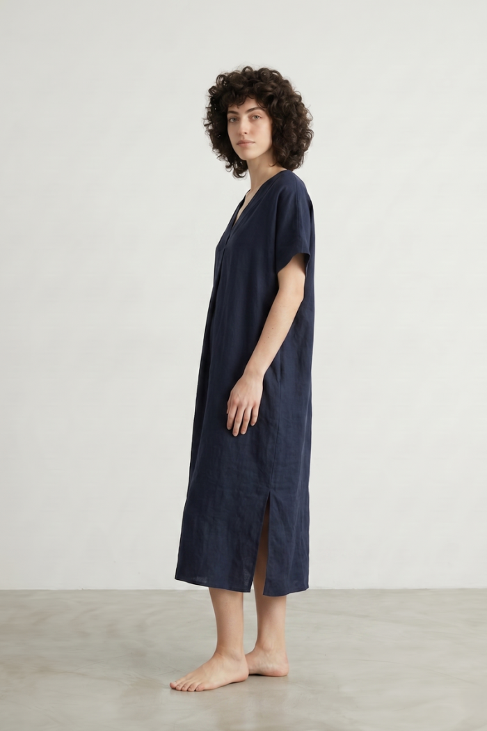 DEEP V-NECK LINEN DRESS - NAVY, ONE SIZE