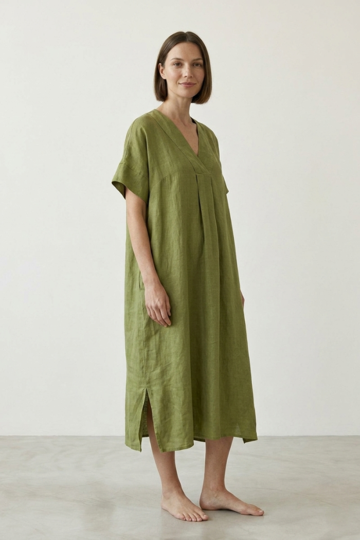DEEP V-NECK LINEN DRESS - LIME, ONE SIZE