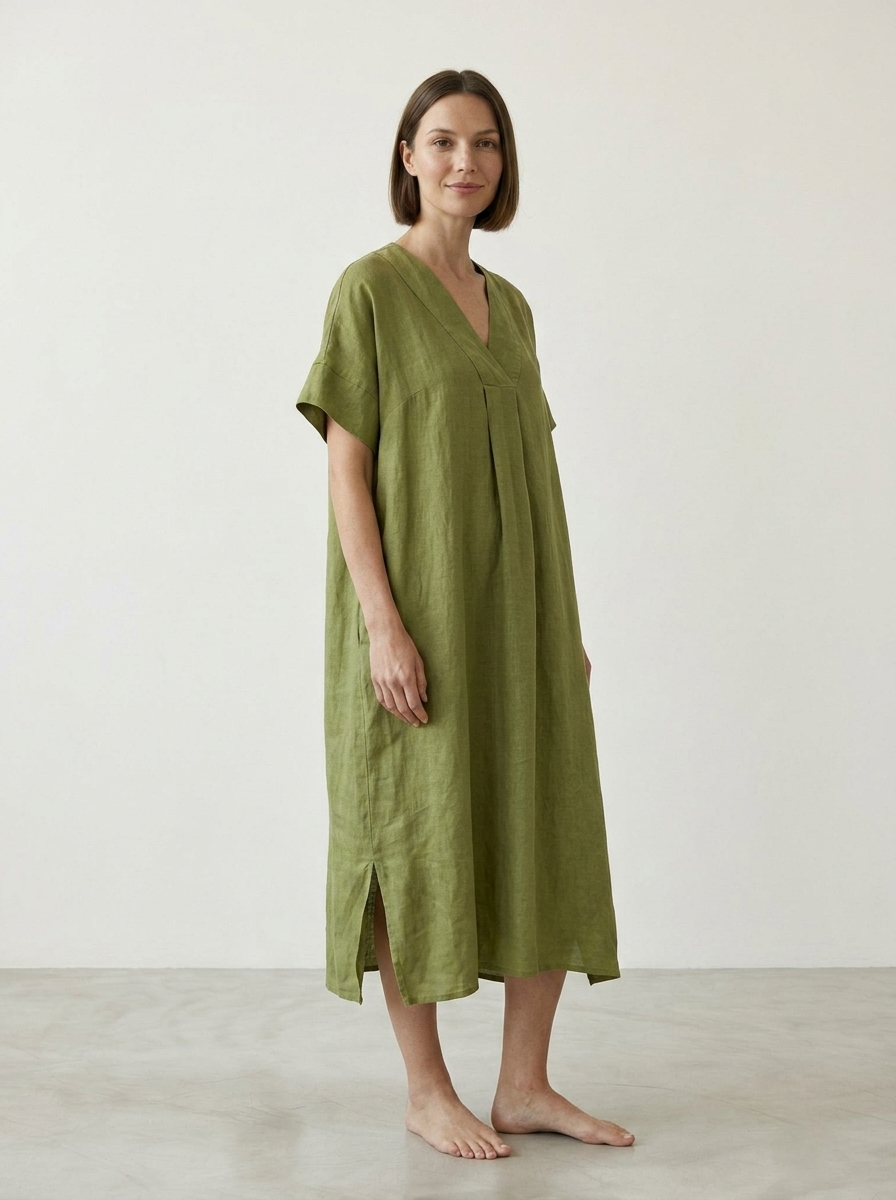 DEEP V-NECK LINEN DRESS