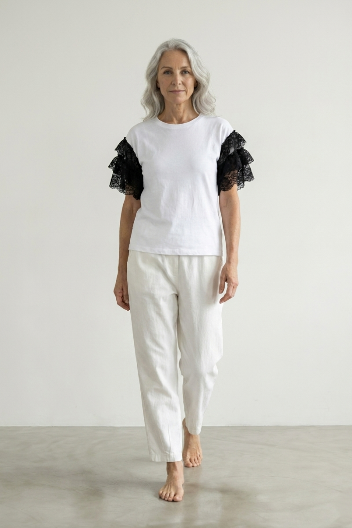 LACE SLEEVE T-SHIRT - WHITE, ONE SIZE