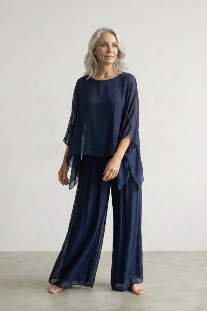 SHORT BATWING SILK TOP - NAVY, ONE SIZE