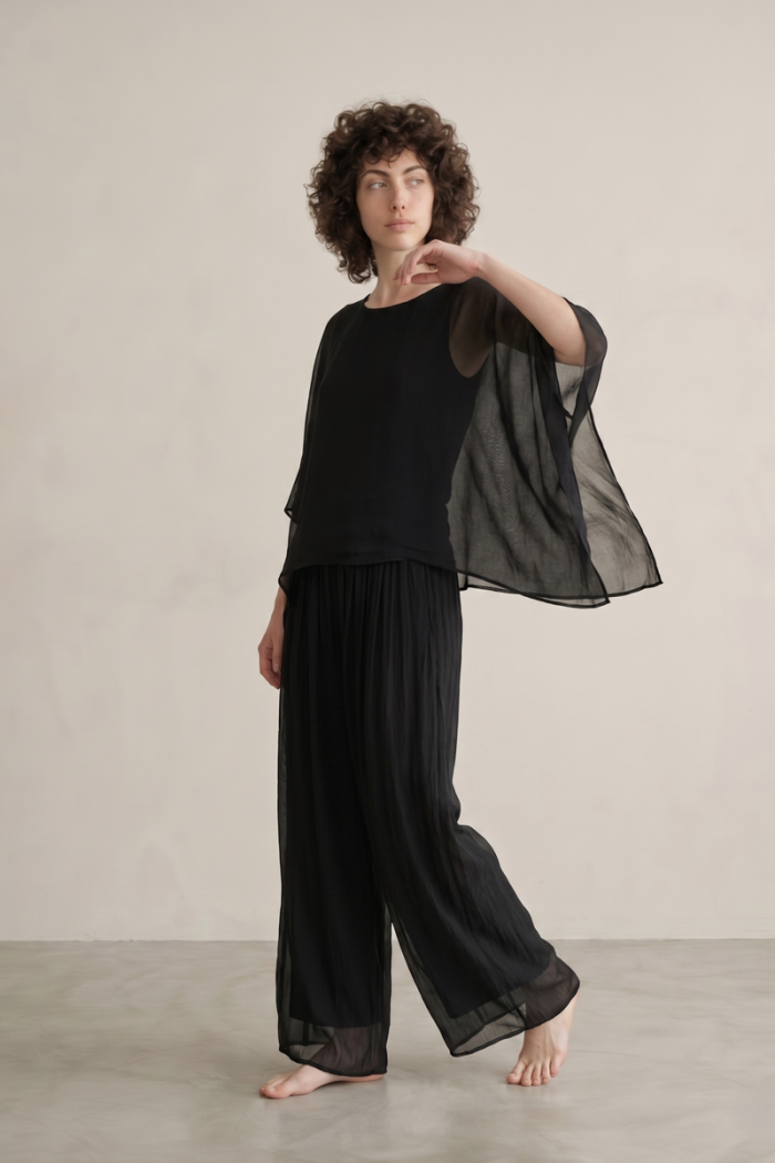 SHORT BATWING SILK TOP - BLACK, ONE SIZE
