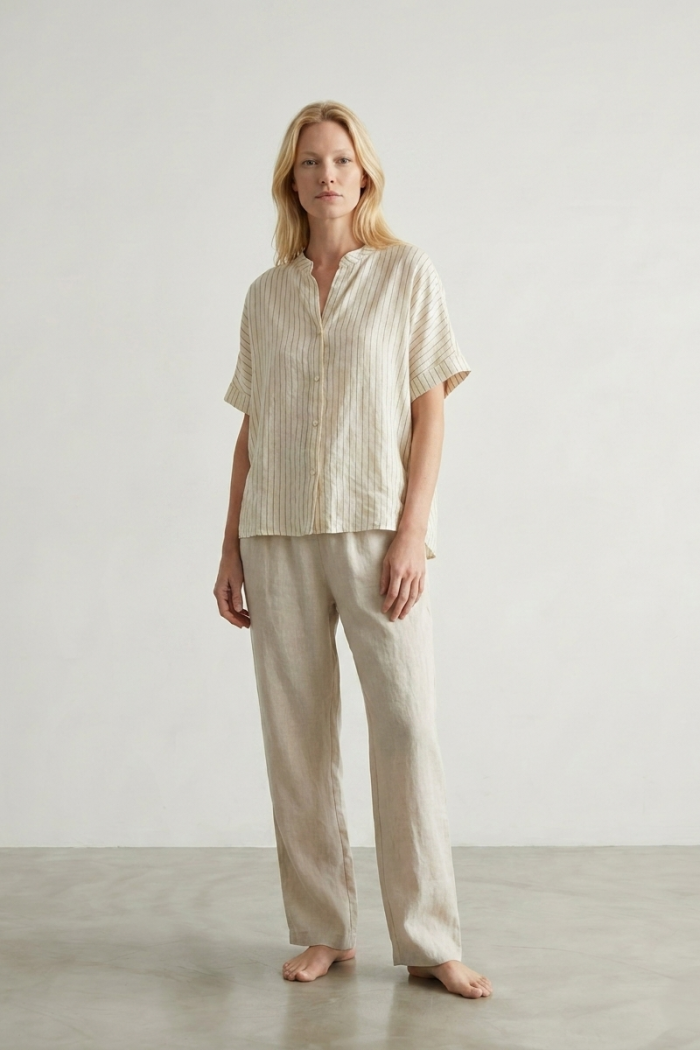STRIPED FRONT-KNOT SHIRT - LINEN, ONE SIZE