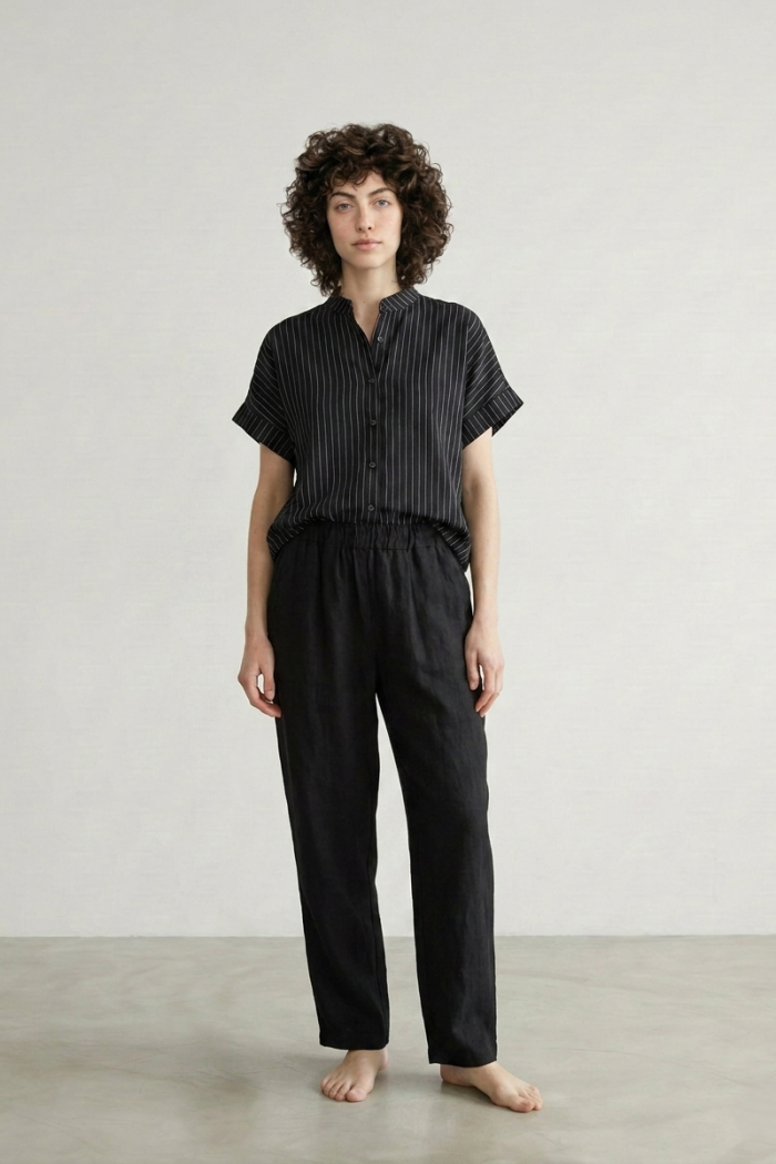 STRIPED FRONT-KNOT SHIRT - BLACK, ONE SIZE