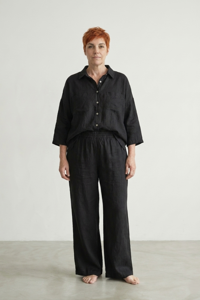 BOXY LINEN SHIRT - BLACK, ONE SIZE