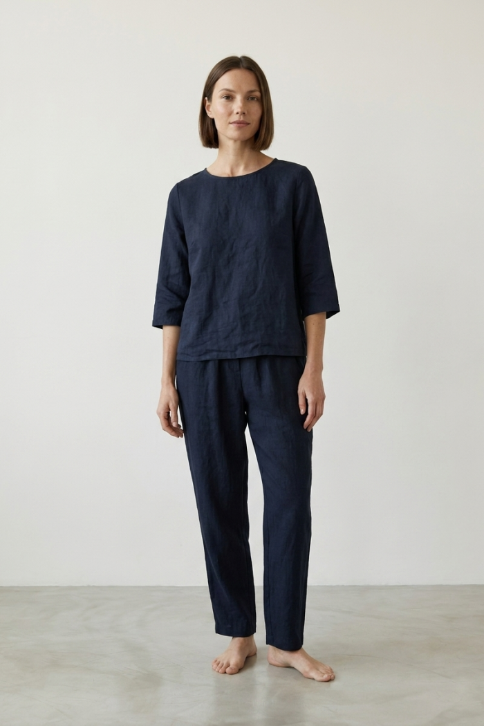 BOXY LINEN TOP - NAVY, ONE SIZE