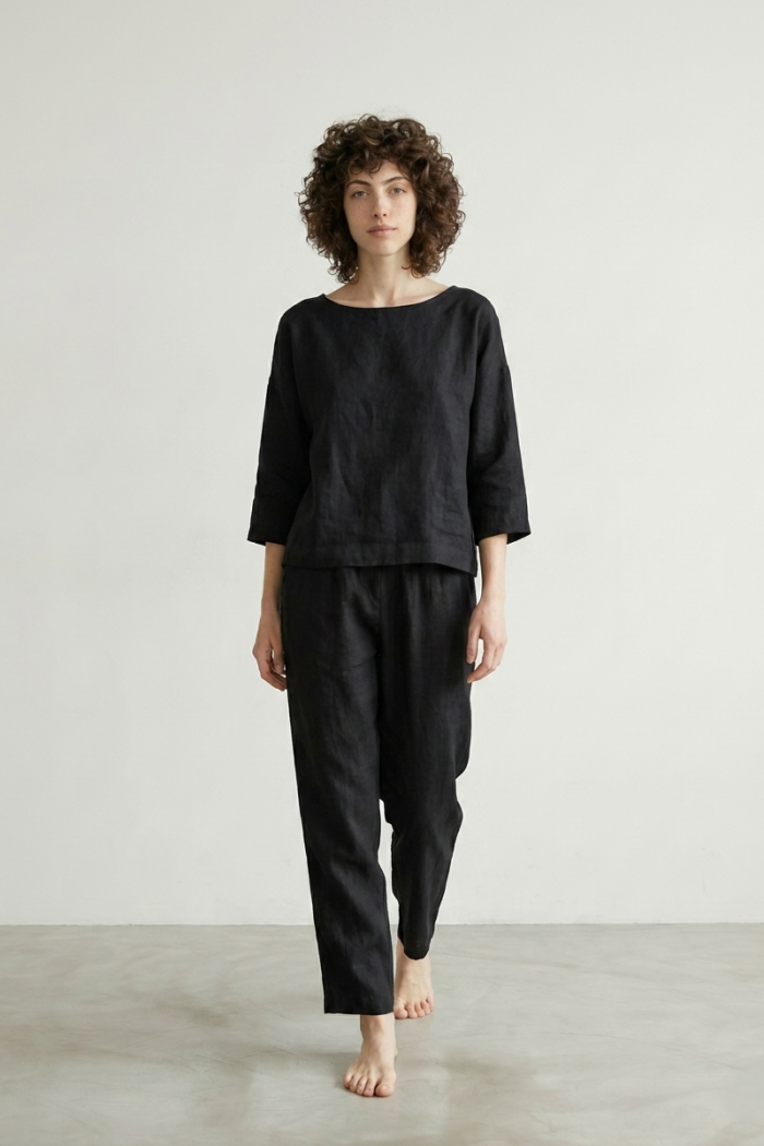 BOXY LINEN TOP - BLACK, ONE SIZE