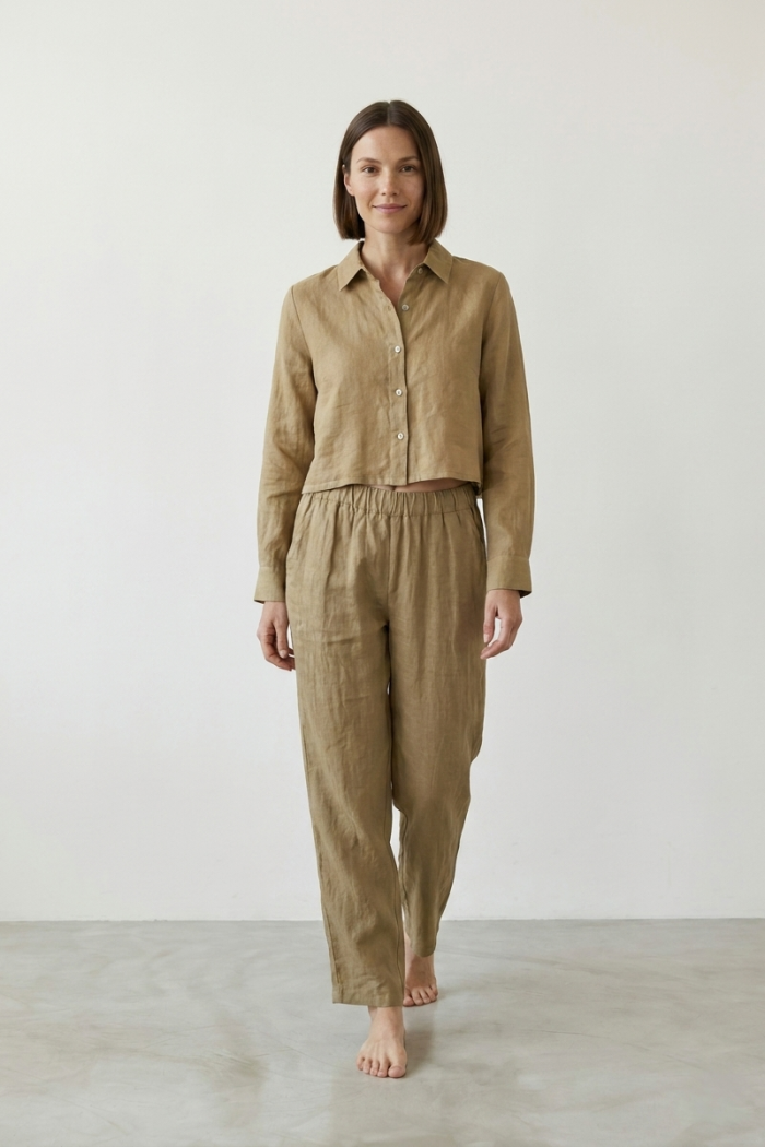 CROPPED LINEN SHIRT - CAMEL, ONE SIZE