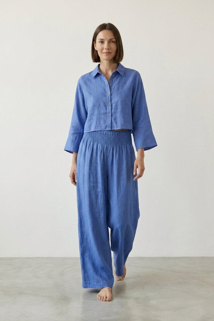 CROPPED LINEN SHIRT - LIGHT BLUE, ONE SIZE