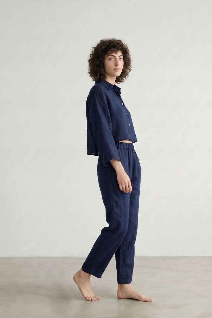 CROPPED LINEN SHIRT - NAVY, ONE SIZE