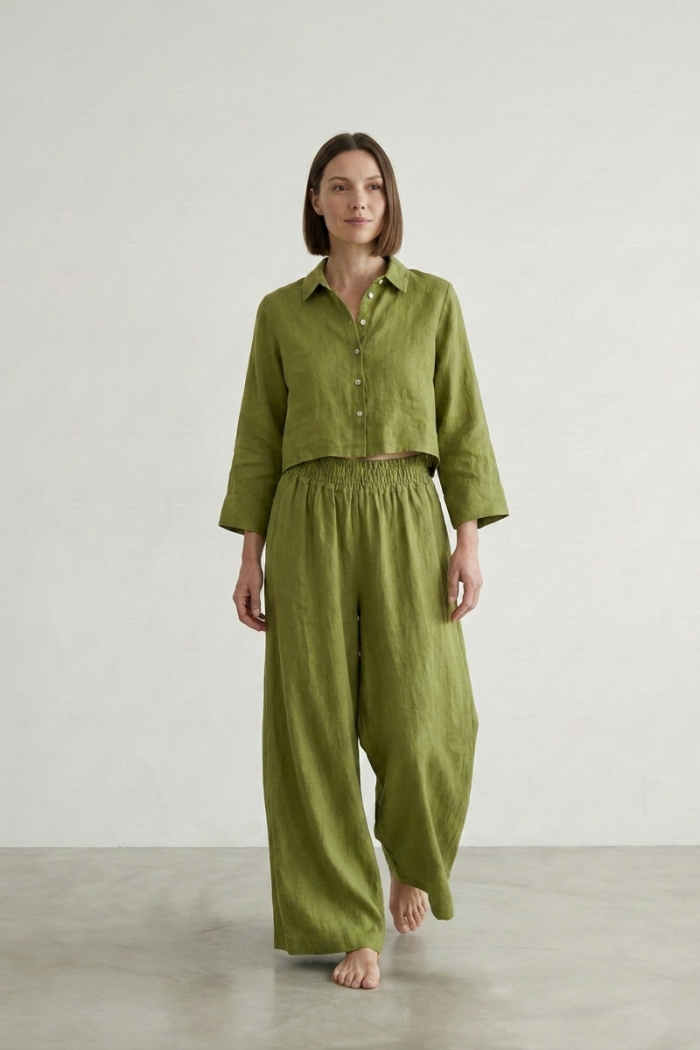 CROPPED LINEN SHIRT - LIME, ONE SIZE