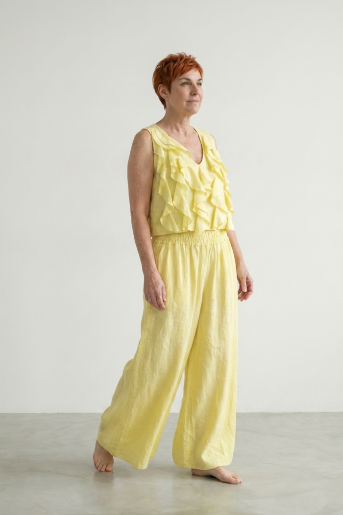 SLEEVELESS RUFFLED LINEN TOP - BUTTER, ONE SIZE