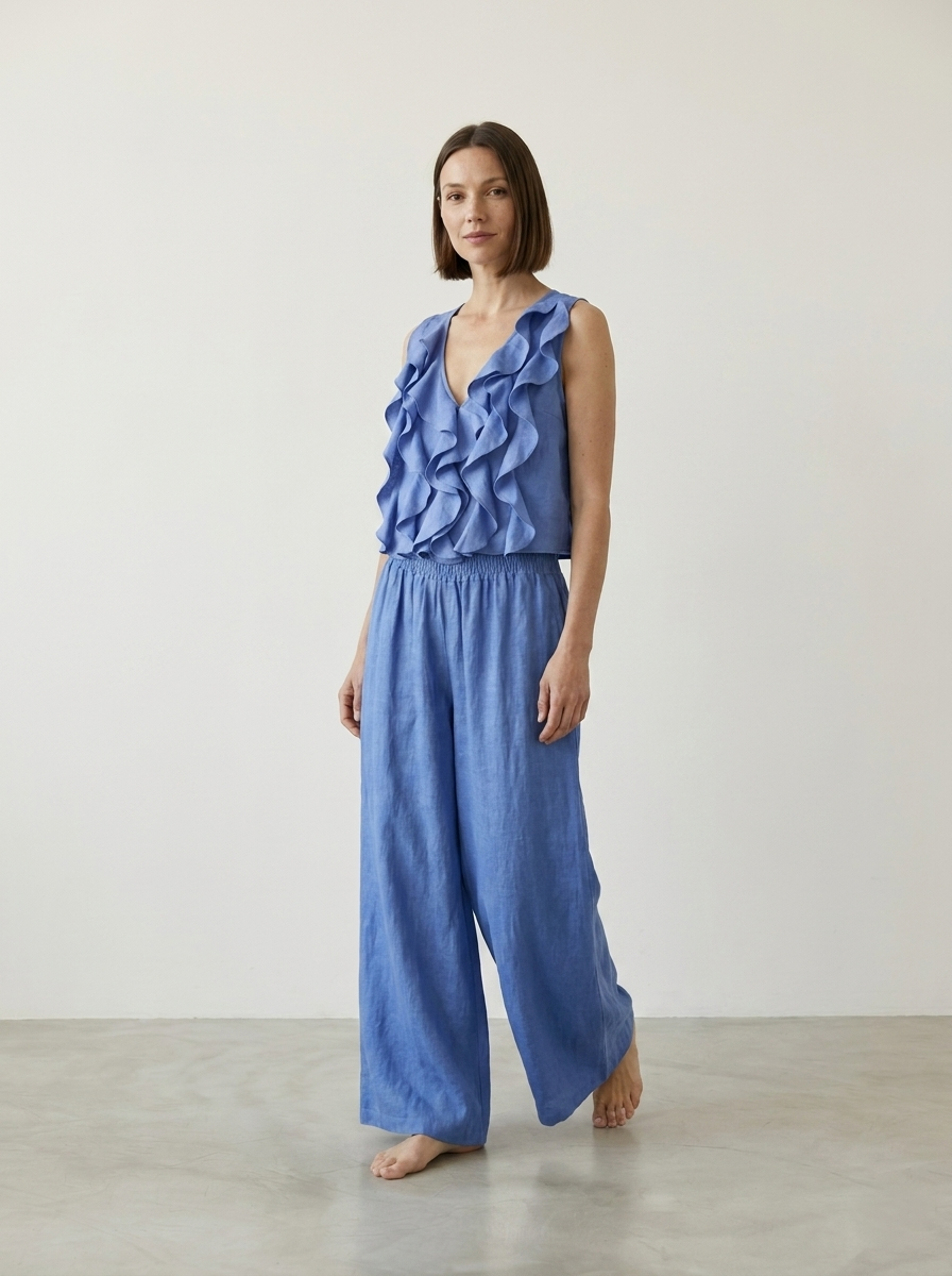 SLEEVELESS RUFFLED LINEN TOP
