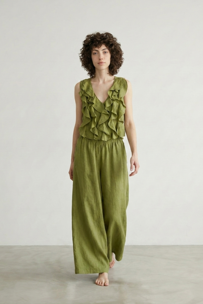 SLEEVELESS RUFFLED LINEN TOP - LIME, ONE SIZE
