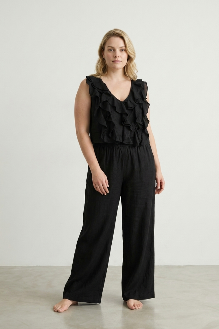 SLEEVELESS RUFFLED LINEN TOP - BLACK, ONE SIZE