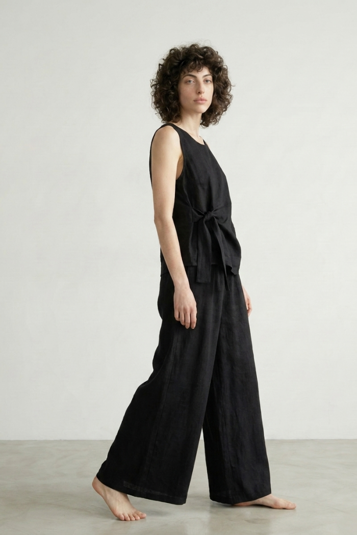 SLEEVELESS LINEN TIE-SIDE TOP - BLACK, ONE SIZE