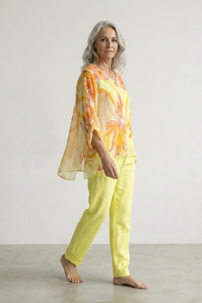 PRINTED BUTTON-FRONT TOP - YELLOW, ONE SIZE