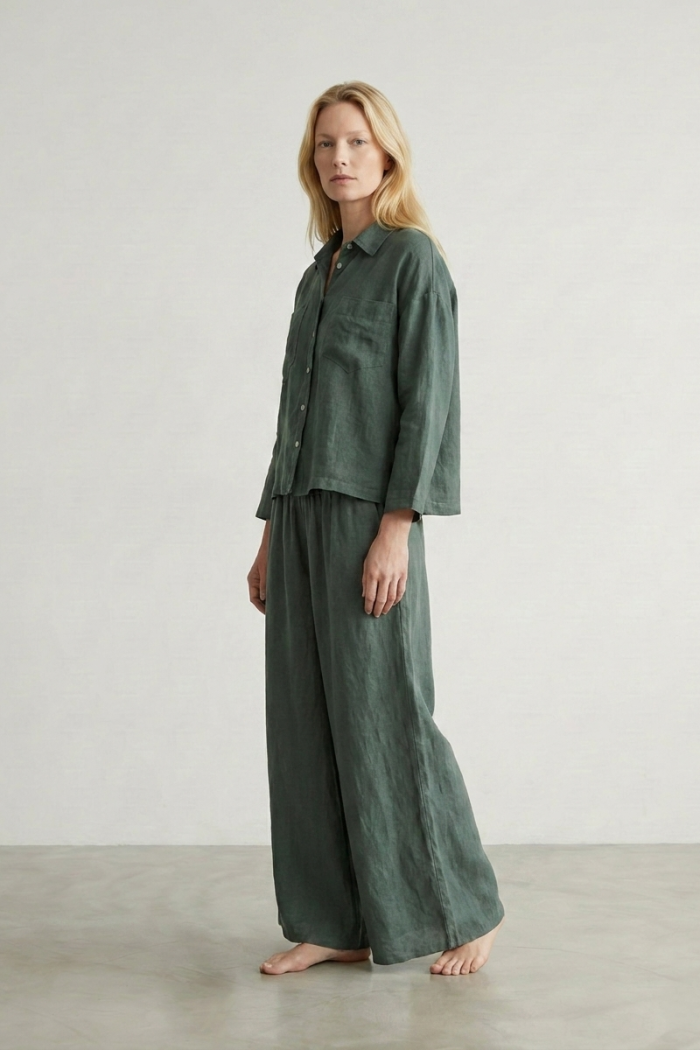 WIDE-LEG LINEN TROUSERS - KHAKI, ONE SIZE