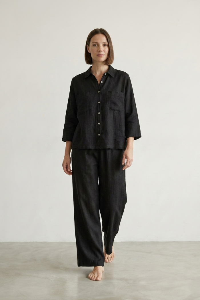 WIDE-LEG LINEN TROUSERS - BLACK, ONE SIZE
