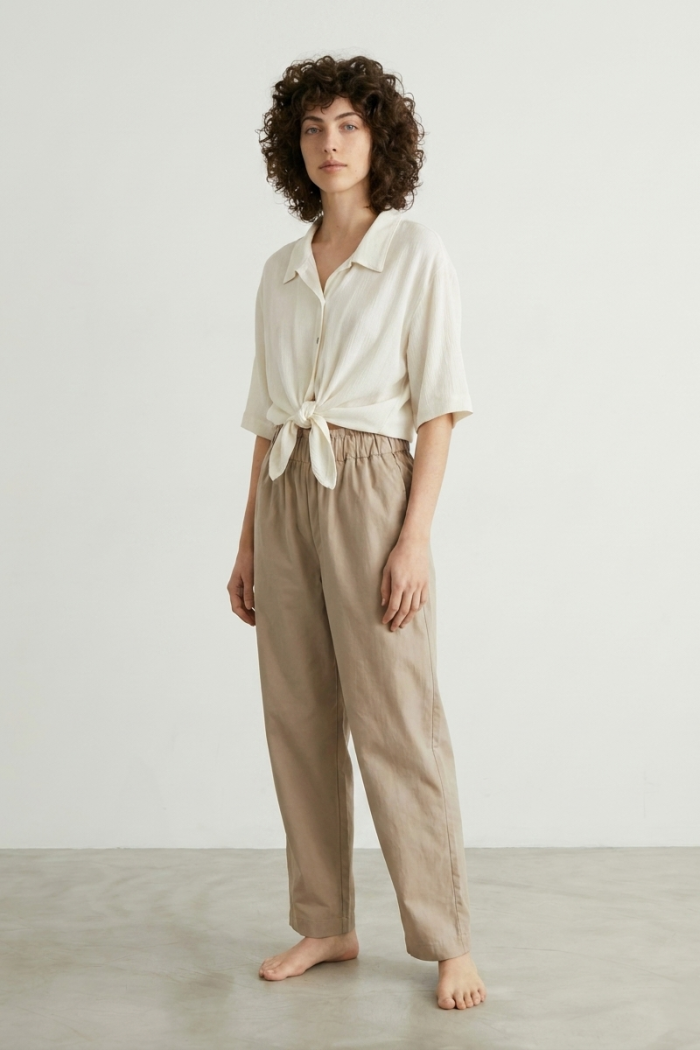 ELASTICATED COTTON CIGARETTE TROUSERS - BEIGE, ONE SIZE