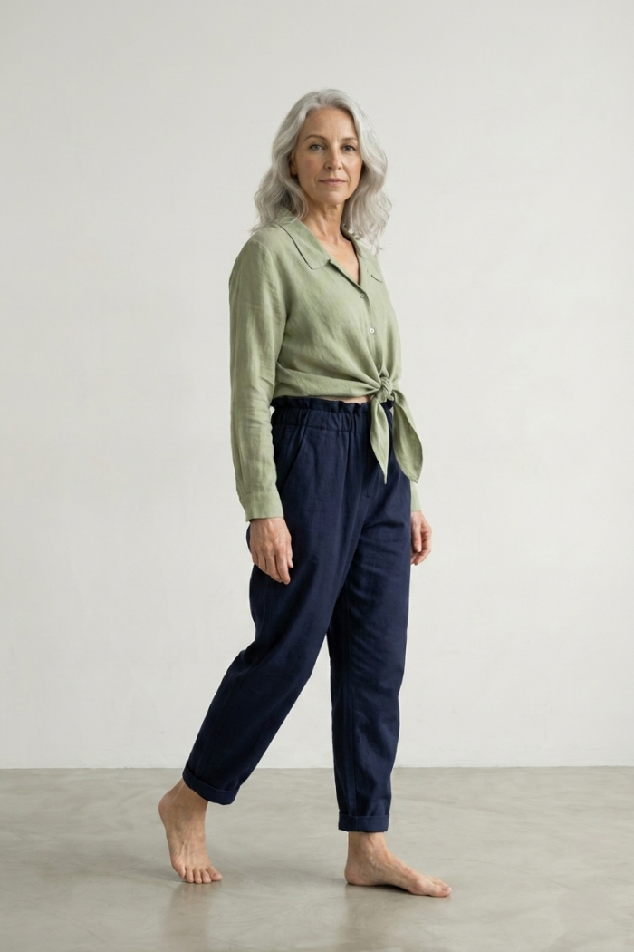 ELASTICATED COTTON CIGARETTE TROUSERS - NAVY, ONE SIZE