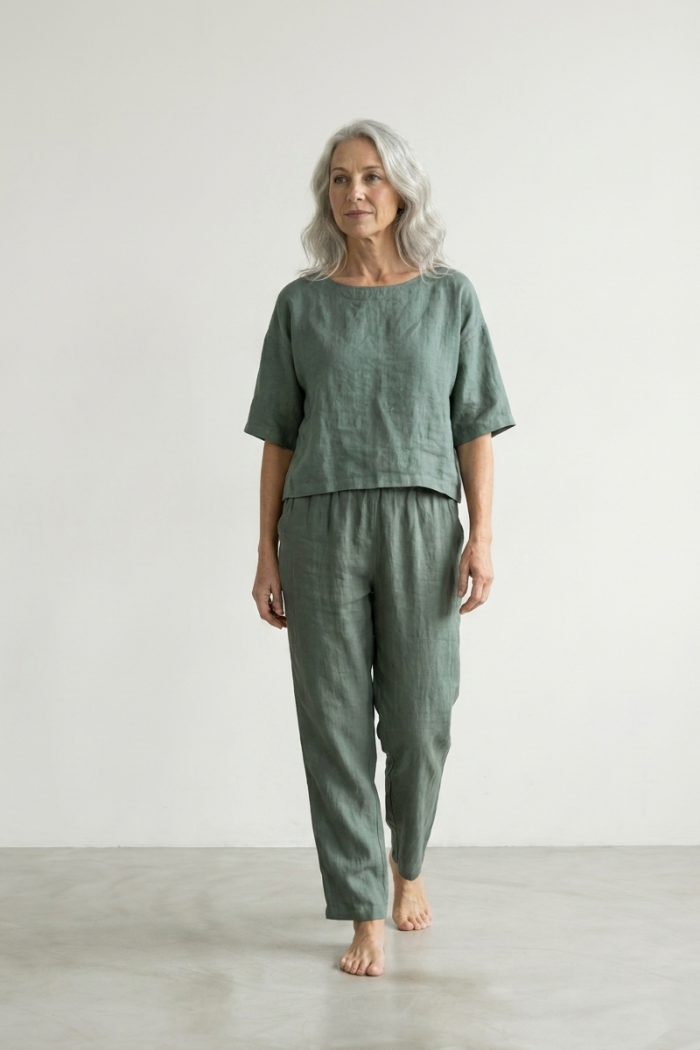 SLIM STRAIGHT LINEN TROUSERS - KHAKI, ONE SIZE