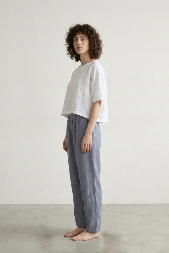 SLIM STRAIGHT LINEN TROUSERS - GREY, ONE SIZE