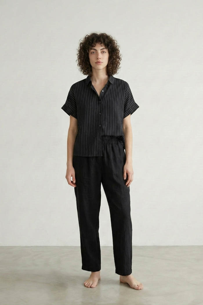 SLIM STRAIGHT LINEN TROUSERS - BLACK, ONE SIZE