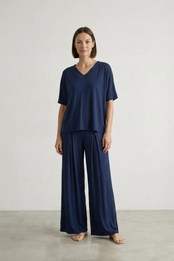 ELASTICATED VISCOSE TROUSERS - NAVY, ONE SIZE