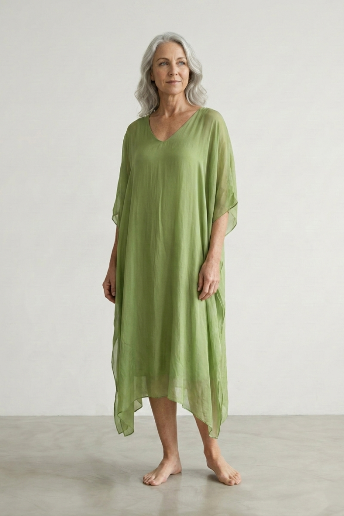 V-NECK SILK MAXI DRESS - LIME, ONE SIZE