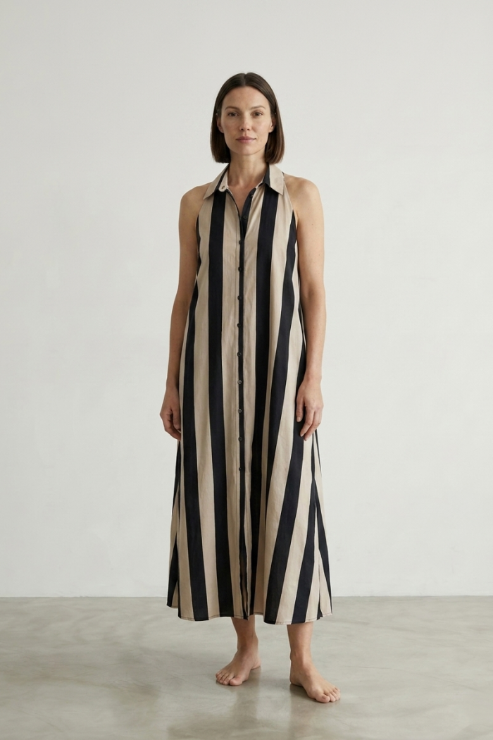 STRIPED COTTON HALTER DRESS - NAVY, ONE SIZE