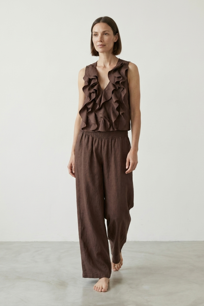 SLEEVELESS RUFFLED LINEN TOP - ESPRESSO, ONE SIZE