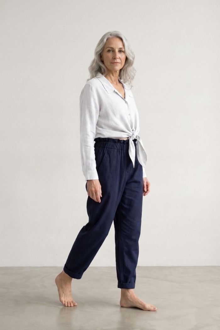 ELASTICATED COTTON CIGARETTE TROUSERS - NAVY, ONE SIZE