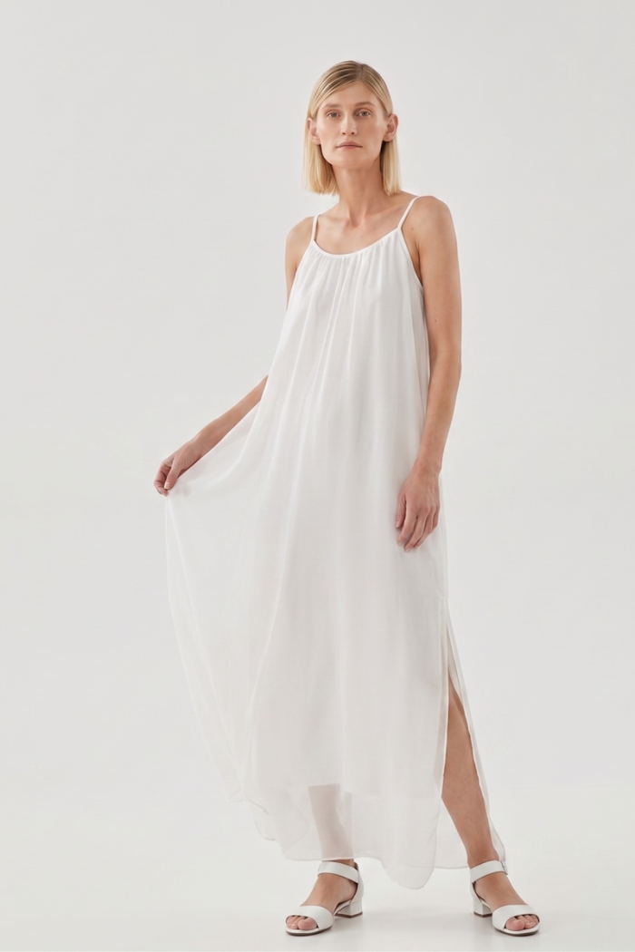 LONG SLEEVELESS SILK DRESS
